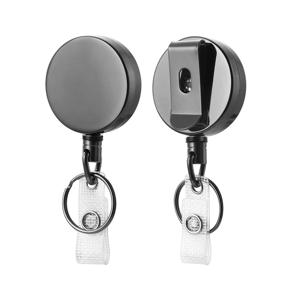 2pcs Retractable Metal Badge Clips with PVC Straps for ID Cards Badge Holders Name Tags Work Badges Accessories (Black)