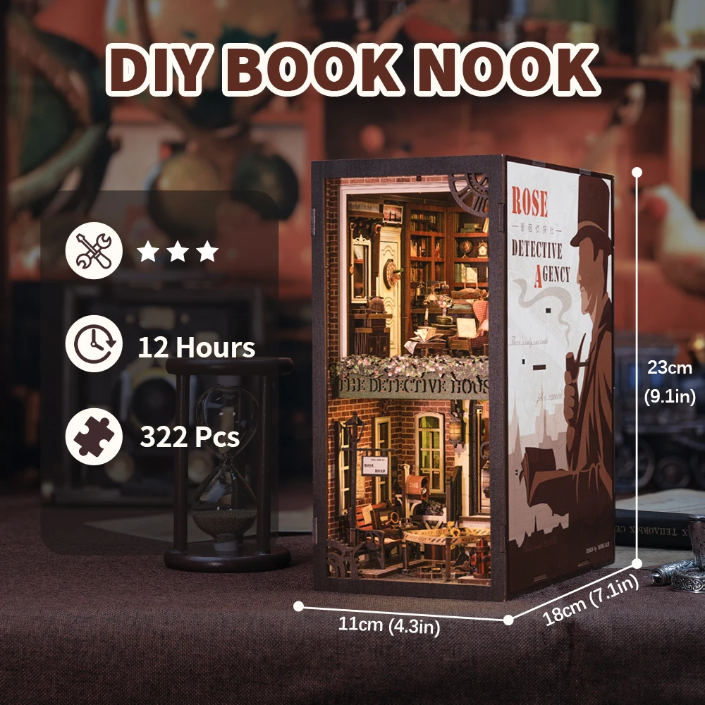 Cutebee DIY 3D Puzzle Wooden Book Nook Kit Dollhouse Bookshelf Building Miniature Booknook Toys Gifts Rose Detective Agency