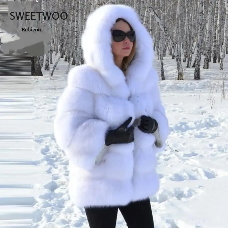 Winter Warm Faux Fox Fur Overcoat Women Luxury Long Fur Coat with Hood Elegant High Quality Thicken  Fluffy Jacket