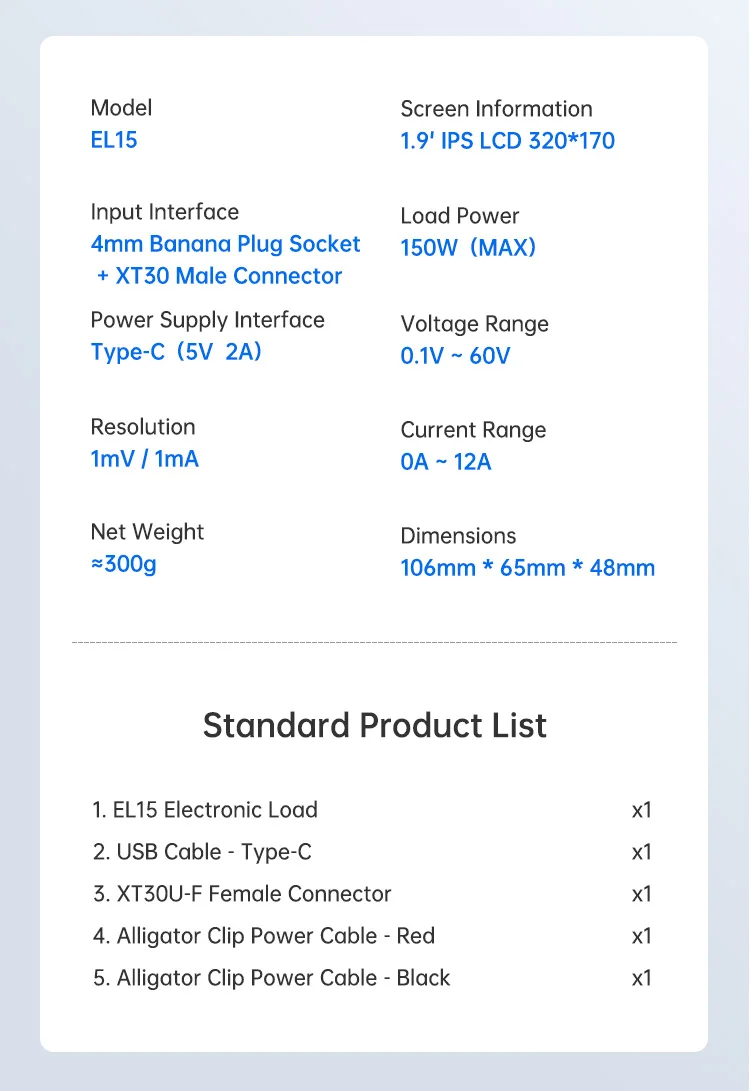 EL15 DC Electronic Load 150W Battery Capacity Tester Mini Programmable Power Sup