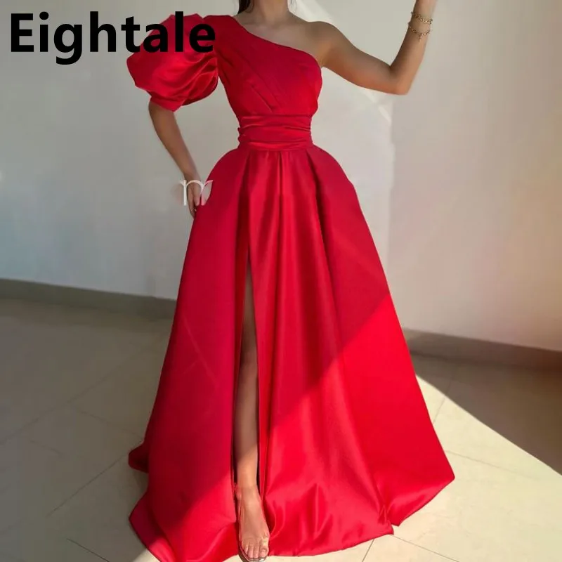 

Eightale 2023 A Line One Shoulder Red Satin Evening Dress For Wedding Sexy Slit Prom Dress Formal Party Gown