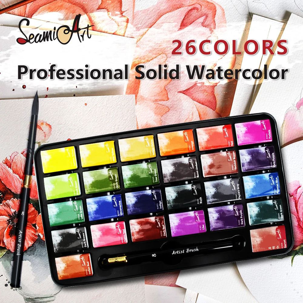 Watercolor Painting Set 26 Colors Full Pan Artist Grade Professional Solid Tin Box For School Art Supplies