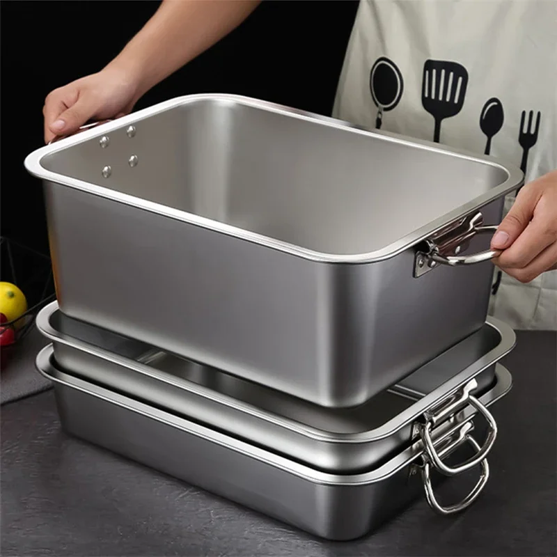 Thicken Stainless Steel Square  Cake Bread Basin Deep Plate Fruit Food Storage Tray  HandleLoaf Pans Kitchen Baking Dish 3