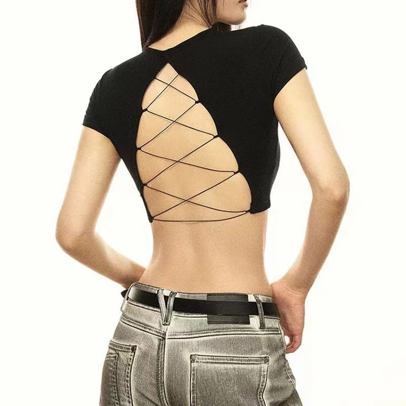 Women's O-neck Backless T-shirt Short Sleeve Solid Color Crop Top Summer Cute Baby Tee Y2K Clothes Skinny Tunics Fashion Tops