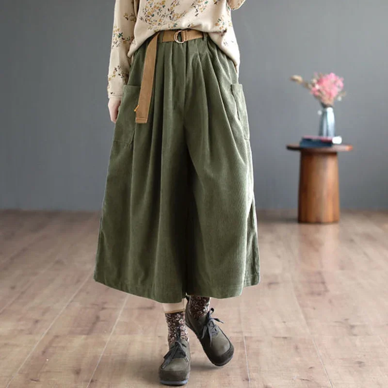 

Corduroy Vintage Calf Pants Autumn Women High Waist Loose Pockets Designed Wide Leg Pants with Belt Korea Style Casual Pants