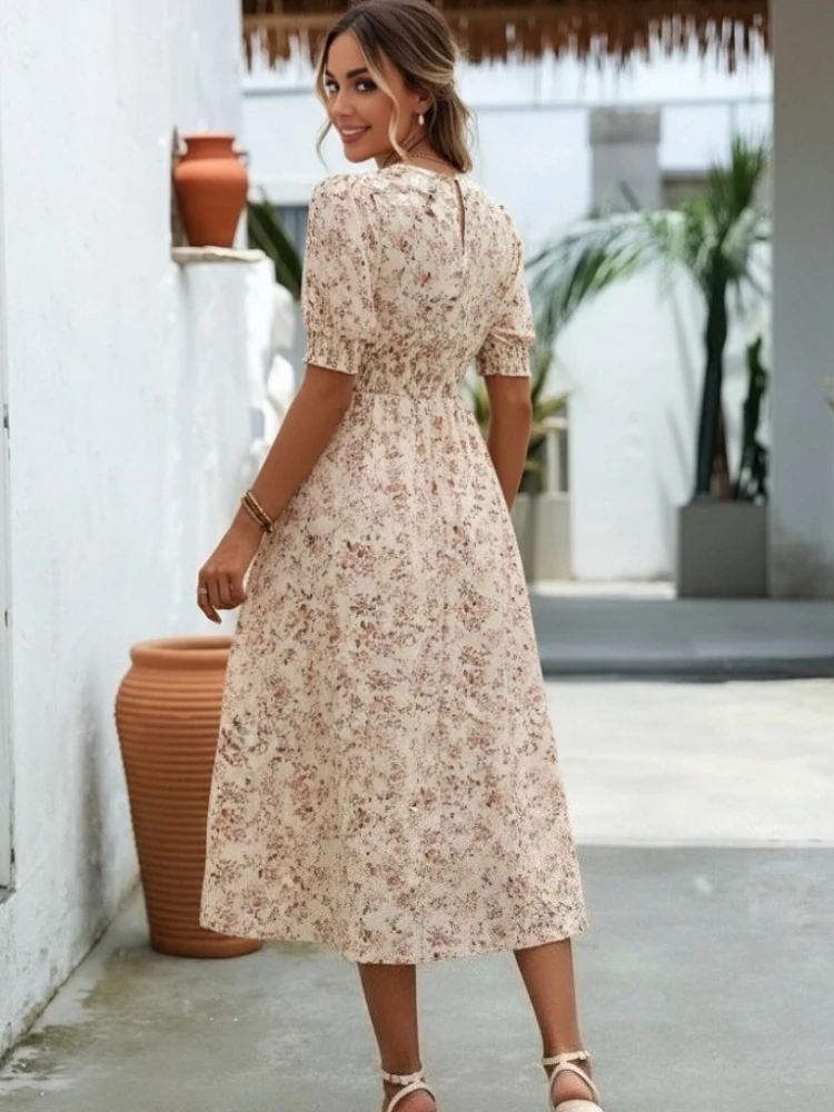 New Spring and Summer Women's Round Neck Lantern Sleeve Dress Vintage Floral Fashion Slim Fitting Waist A Word Casual Dress
