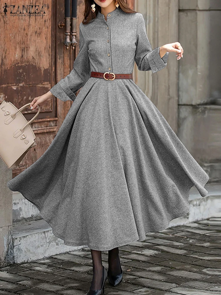 فستان خريفي نسائي برقبة واقفة فستان صيفي بأكمام طويلة 2025 ZANZEA رداء فضفاض غير رسمي بلون سادة فساتين مكتب أنيقة
