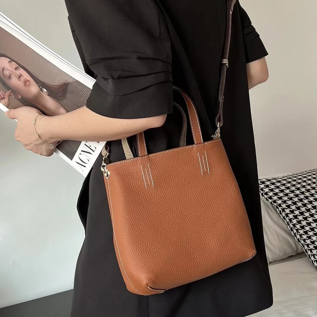 Double Sided Leather Tote Bag Small Shopping Bag Single Shoulder Crossbody Bag Handbag Women's Soft Top Layer Cowhide