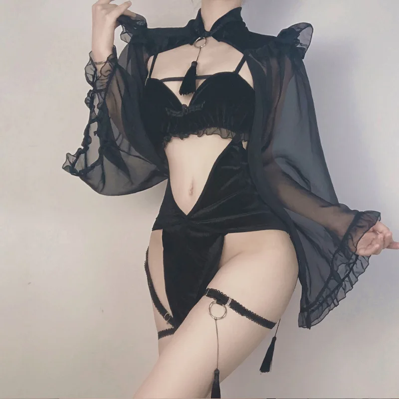 Women Lingerie Women Lingerie Set Women Cosplay Costume Dark Witch Hollow Puff Sleeve Cheongsam Costumes Demon Game Dress Bandage Sexy Lingerie Uniform Halloween Costumes for Women