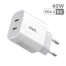40W Dual Port Type C PD Fast Charger with USB - C to USB - C Cable - EU White