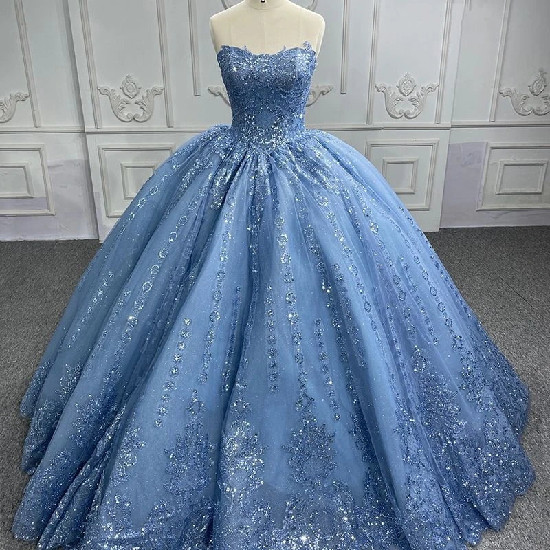 

Sky Blue Shiny Off The Shoulder Quinceanera Dress Ball Gown Lace Applique Beaded Tull Sweet 16 Vestido 15 De Años