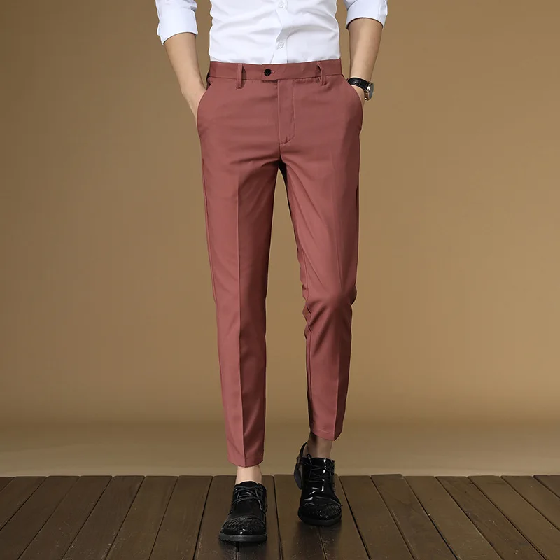 Summer Suit Pants Men Red Black Khaki Flat Formal Office Wear Smart Business Official Mens Dress Trousers for men Clothing