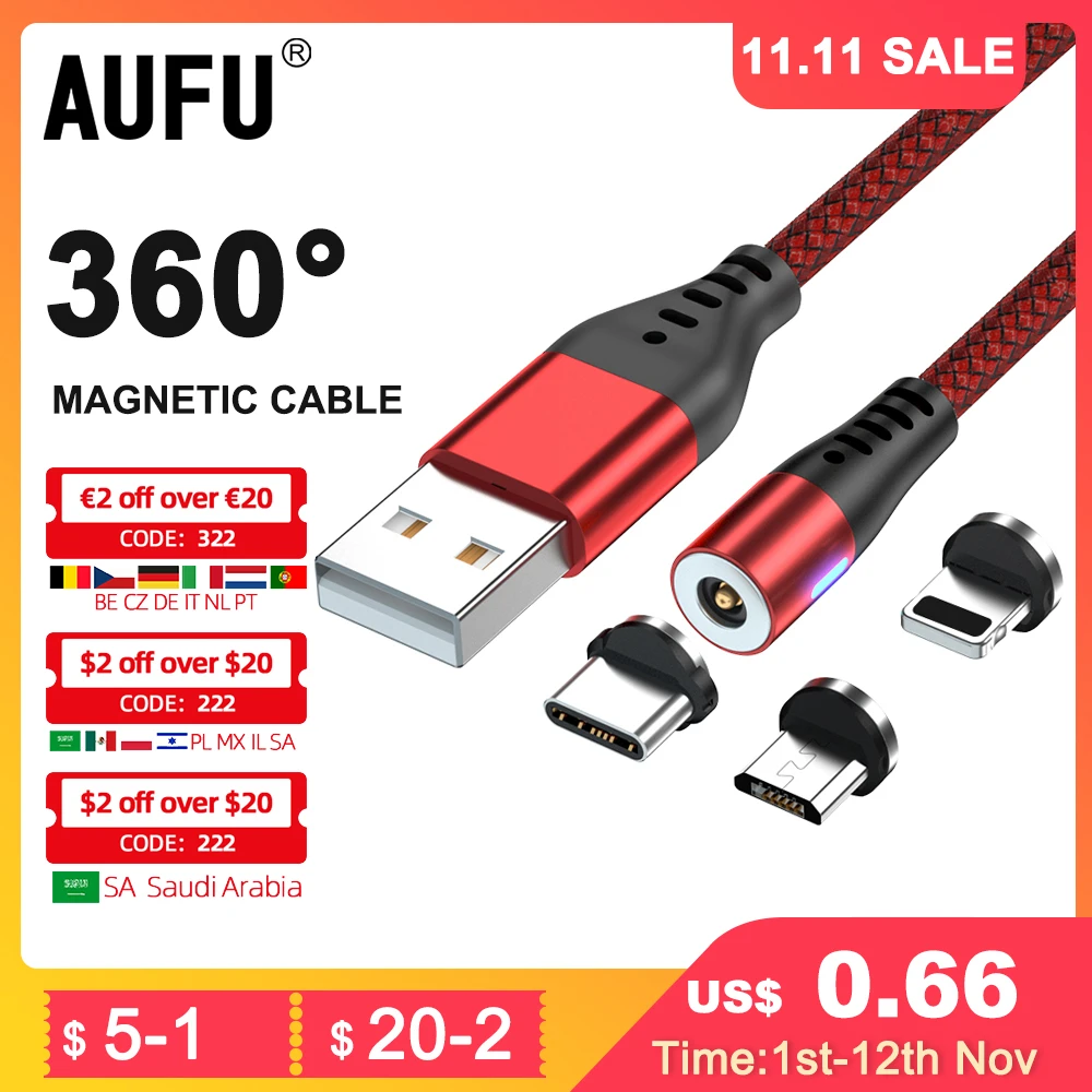 AUFU 60W Magnetic Charging Cables 2-Pack - 360° Rotating USB C/Micro USB Fast Charging