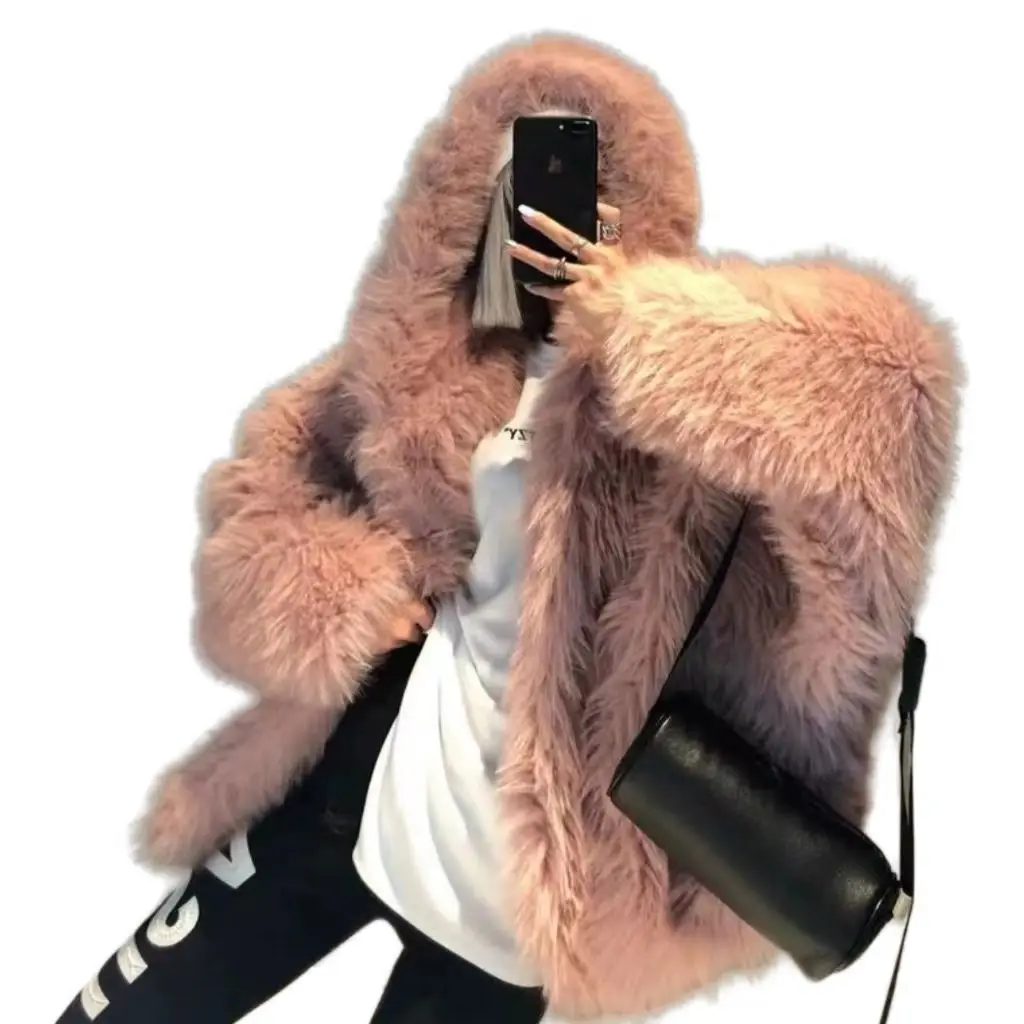 Hooded Eco-riendly Fox Fur Grass, Loose and Slimming Imitation Mink Fur Coat for Women, Popular Winter Internet Sensation 2024