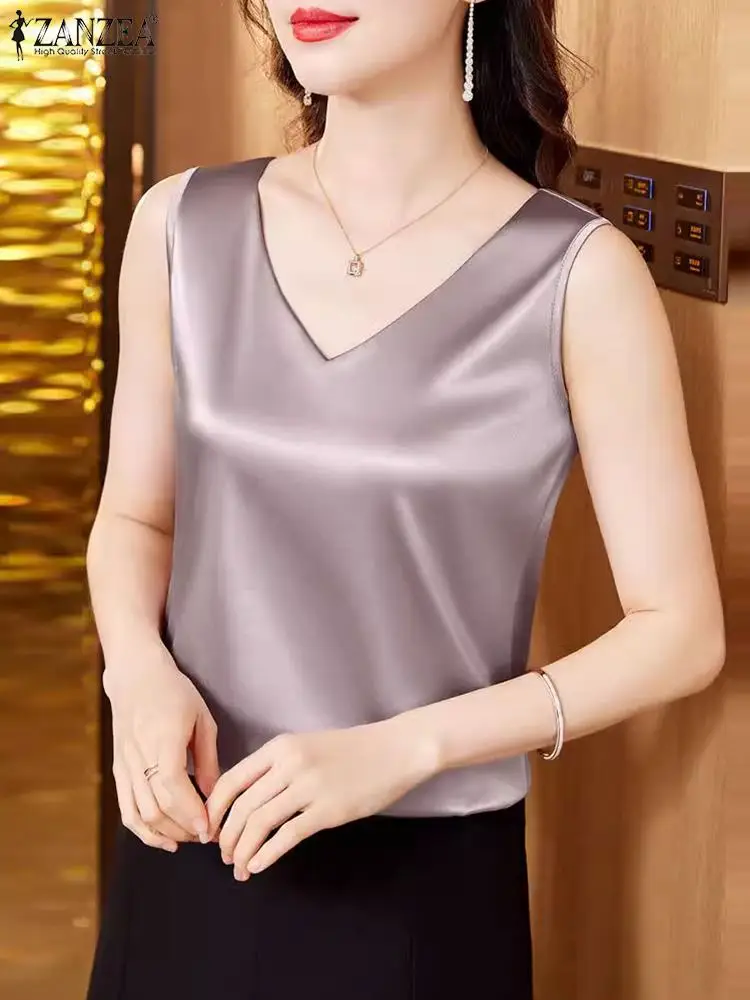 

Fashion Women Tanks Tops Elegant OL Work Shirt Casual Loose Party Blusas Mujer 2024 ZANZEA Summer V Neck Sleeveless Satin Blouse