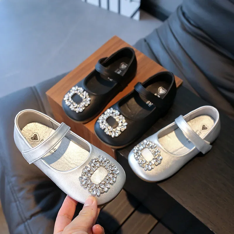 Children's Leather Shoes Shallow Rhinestone Party Shoes for Baby Girl Causal Fashion Versatile Kids Princess Wedding Flat
