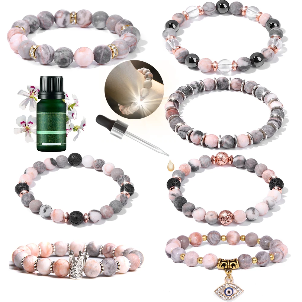 

Healing Pink Zebra Stone Bracelet Women Energy Natural Zebra Jaspers Bracelet Jewelry Male Bangles Yoga Essential Oil Diffuser