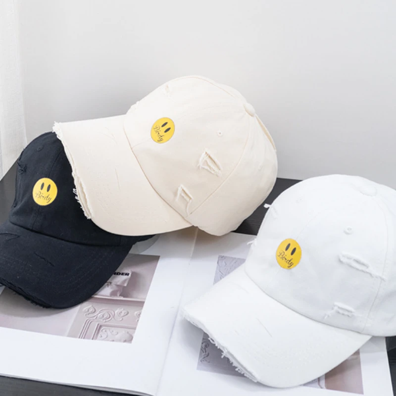 

New Cute Smile Embroidery Broken Hole Soft Top Baseball Cap Fashion Versatile Duck Tongue Hat Adjustable Hip Hop Curved Brim Hat