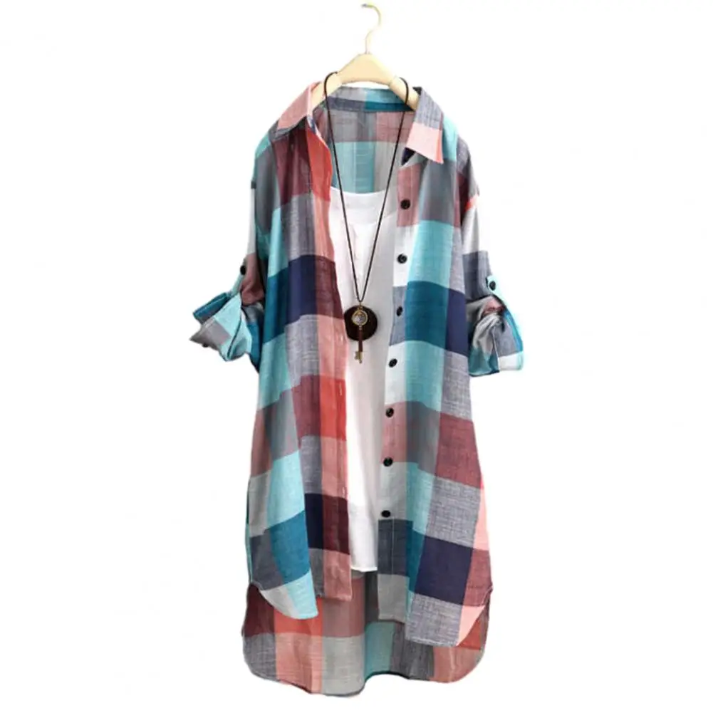 Breathable Shirt Plaid Print Women's Shirt with Irregular Hem Long Sleeves Oversized Lapel Top for Ladies Soft Breathable 42x1cm gray badge lanyard neck business name card holder case sleeves frame display suspension rope cord with plastic hook