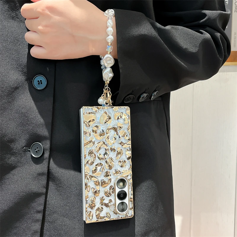 För Samsung Galaxy Z Fold 6 Luxury Classic Leopard Wave Shockproof Pearl Chain Telefonfodral_voghion.com