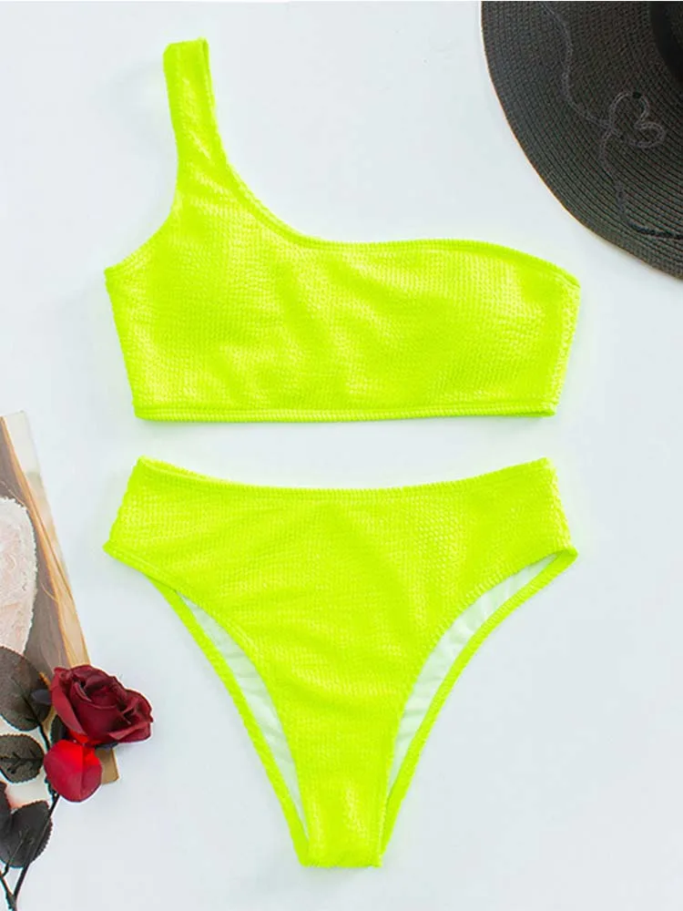 2022 New Sexy Bikini Set Tube Top One Shoulder Solid Color Bikini Swimsuit Women High Waist Rib Pleated Ladies Beach Swimwear gold bikini set