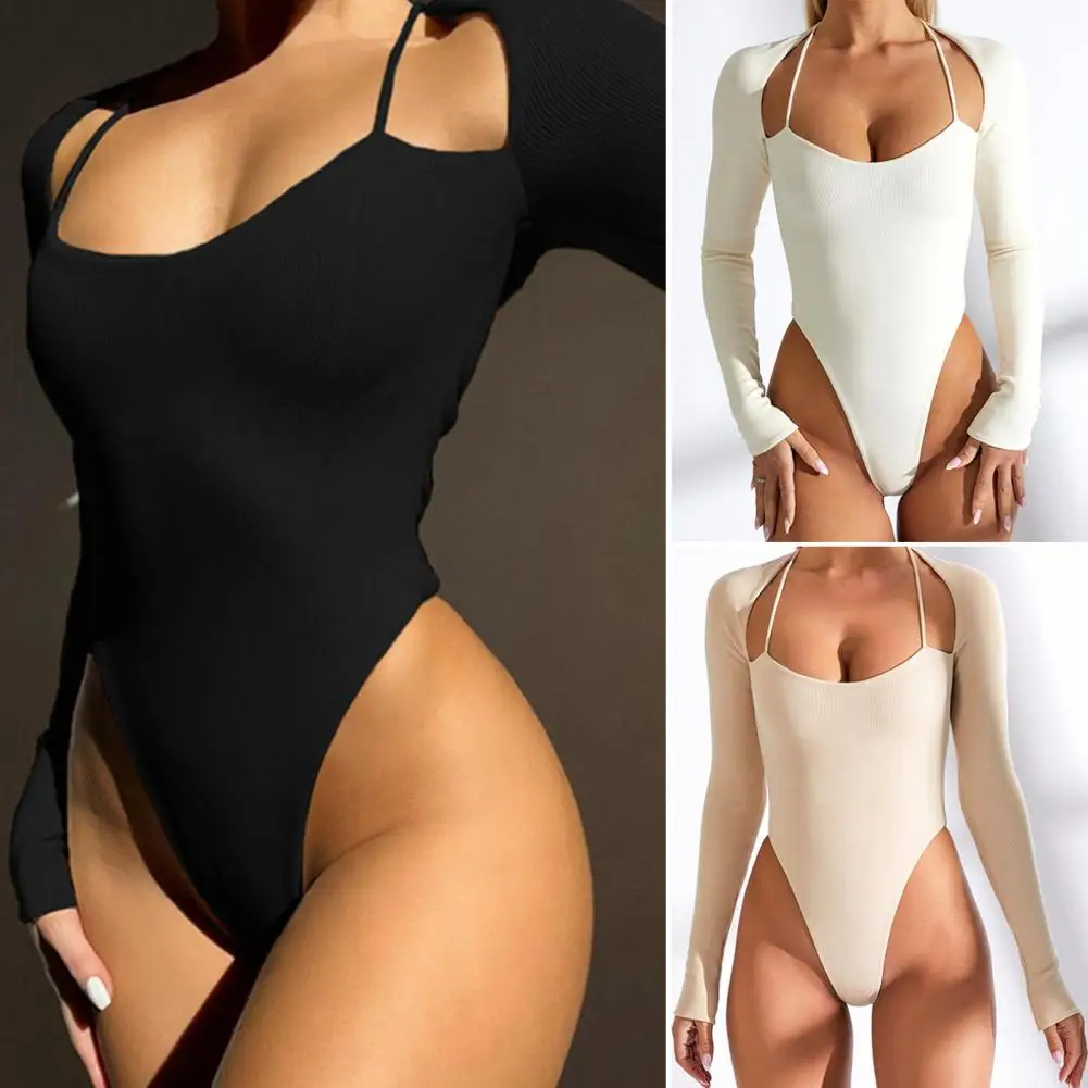 

Halter Skinny Rompers Stylish Summer Rompers Trendy Halter Neck Long Sleeve High Elastic Jumpsuits for Women Ribbed High Elastic