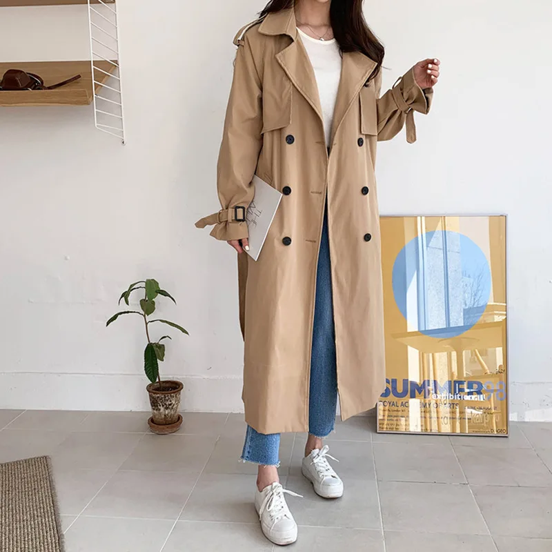 

Long Sleeve Solid Cotton Overcoats Oversized Streetwear 2023 Fall England Style Women Long Trench Coats New Casual Female Indie