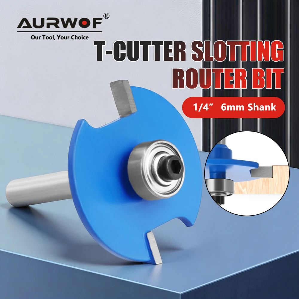 AURWOF 1 Stück Lagergeführte T-Nutenfräser 1/4" & 6mm Schaft, Blauer Holzbearbeitungs-Nutenfräser C061444104BL