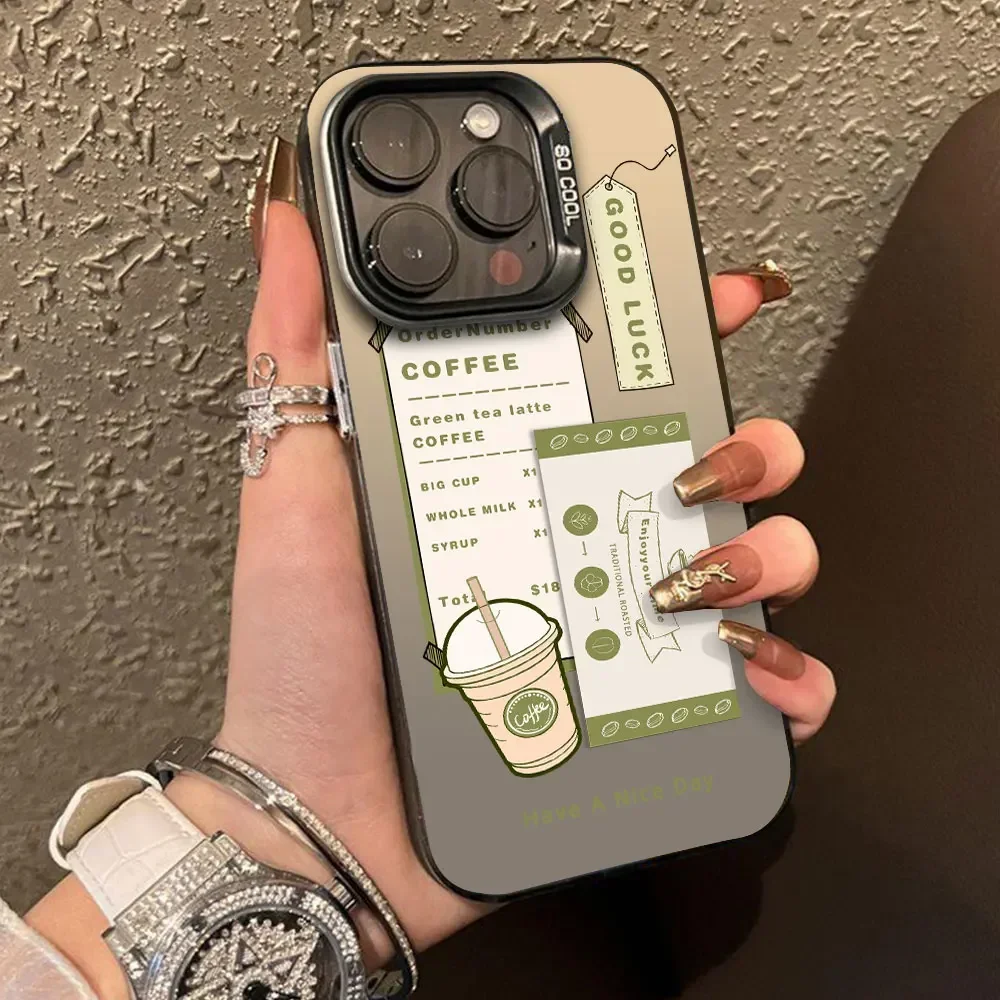 Trendy Luxury Silver Matte Shockproof Phone Case with Coffee Label Design