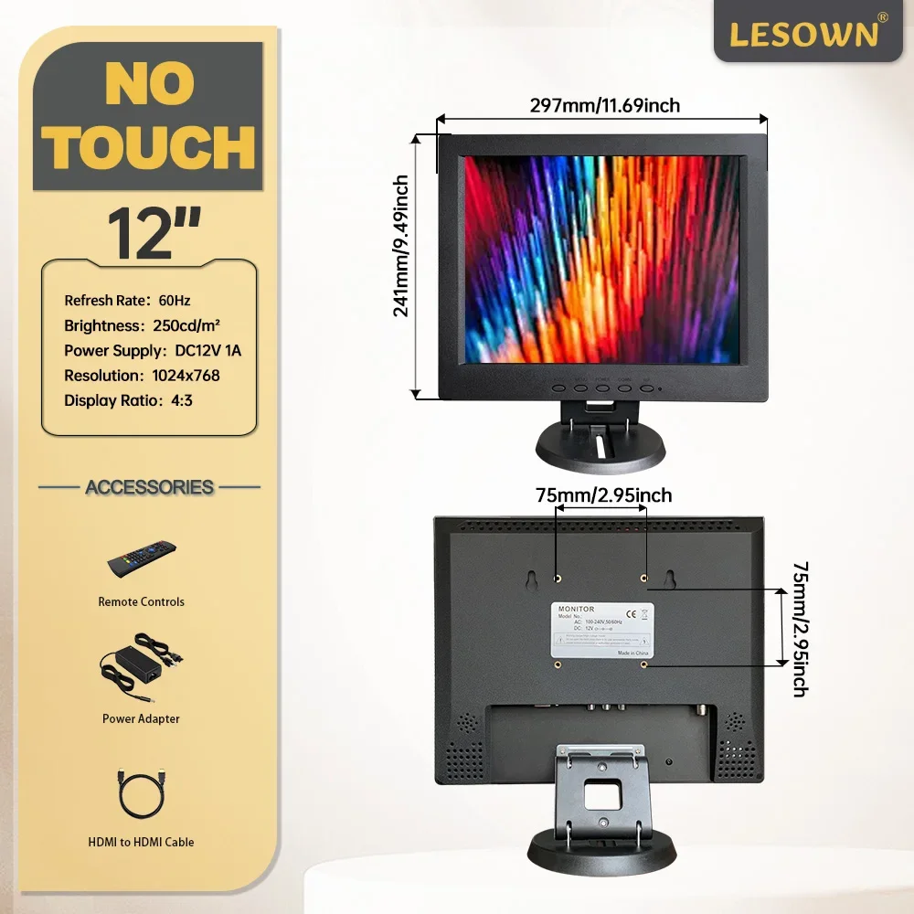 LESOWN 12 polegadas 1024x768 Monitor LCD Industrial 4:3 HDMI VGA AV BNC Pequeno Tela Ampla para Câmera de Microscópio de Carro CCTV