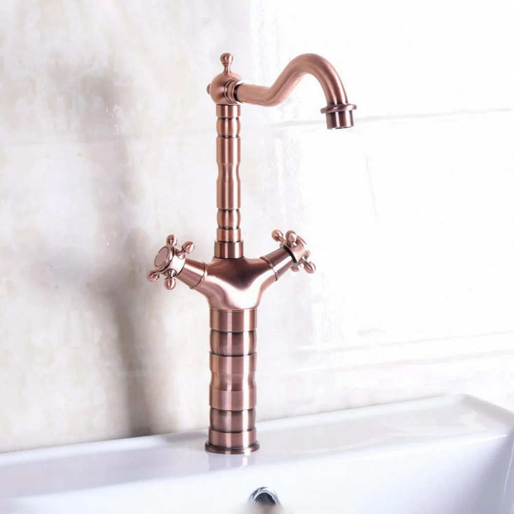 

Antique Red Copper Double Cross Handle Swivel Spout Bathroom Kitchen Faucets Hot and Cold Basin Mixer Tap Crane Tap Lnf127