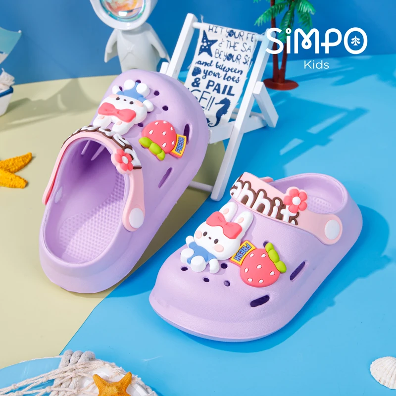 Sandals For Girls & Boys Cartoon Bear & Rabbit Charms Slip On Closed Toe Clogs Lightweight Anti-slip Hollow Kids Garden Shoes