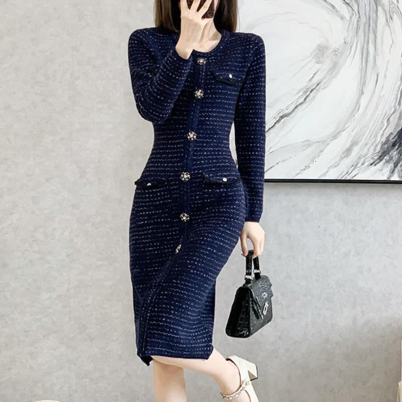 

Elegant Small Fragrance Knitted Dress Women O Neck Elastic Waist Slim High Quality Fashion Vintage Royal Blue Sweater Long Dress