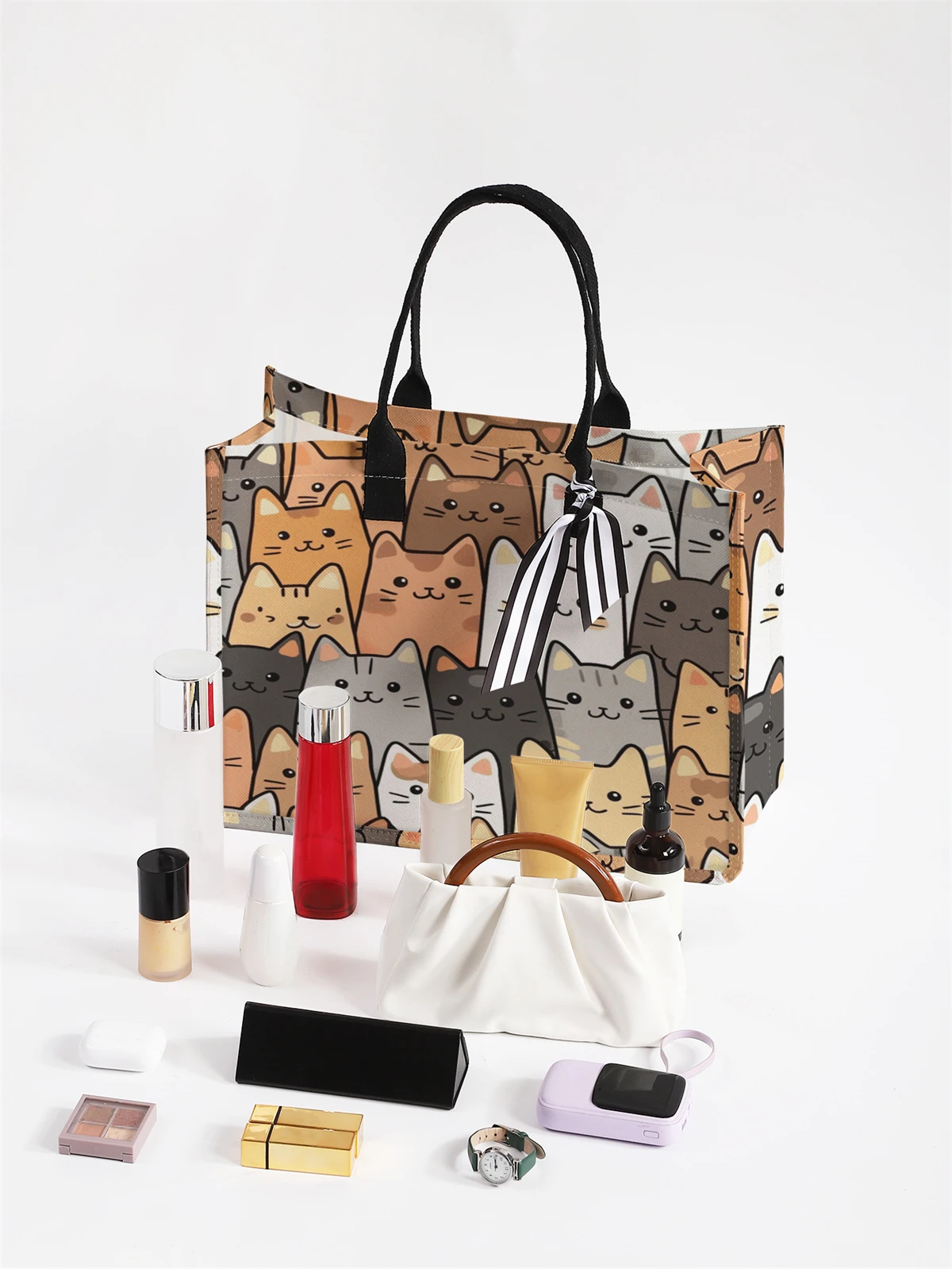 Cute Cat Pattern Printed Handbag - Tote Bag, Women's Gift Handbag Beach Bag, Large Capacity Handbag Suitable for Men and Women