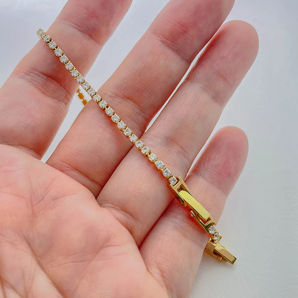 2mm Thin 15-17-19cm+2cm Cluster Crystals Gold Color Stainless Steel Link Chain Tennis Bracelet For Women Girls 2mm