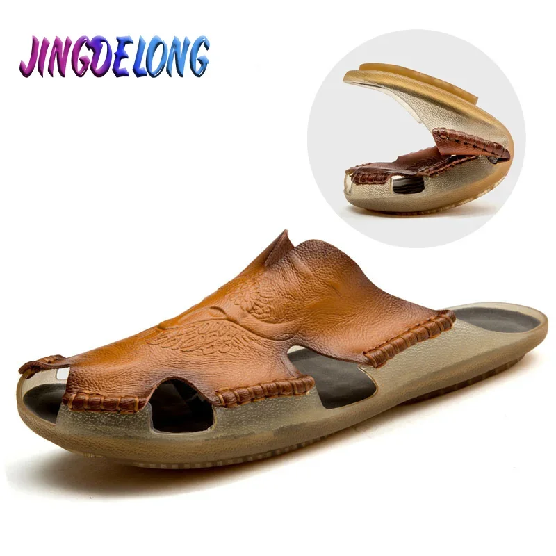 Summer Men's Genuine Leather Breathable Sandals Slippers Slides Roman Sandals Flats Outdoor leather sandals summer sandals