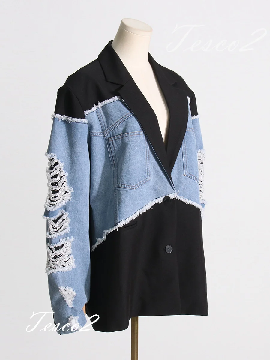Tesco Spring Vintage Suit Blazer For Women Long Sleeve Denim Spliced Jacket Fashion Distressed Jacket Casual Loose Daily Blazer