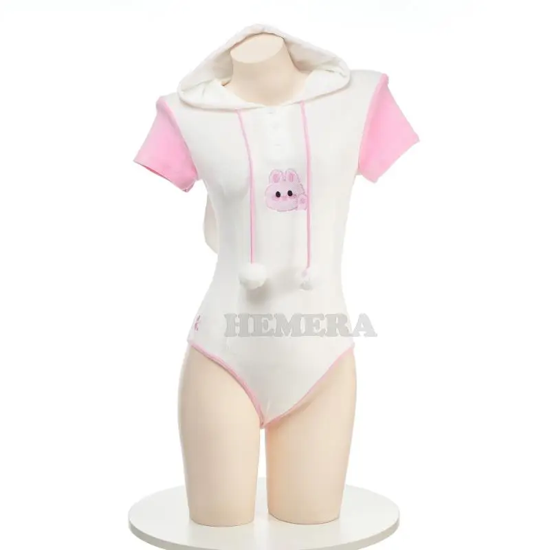 

Cute Rabbit Embroidery Printed Hoodie Bodysuit Women Anime Girl Costumes Cosplay Hairball Role Play Underwear Pink Outfit Pajama