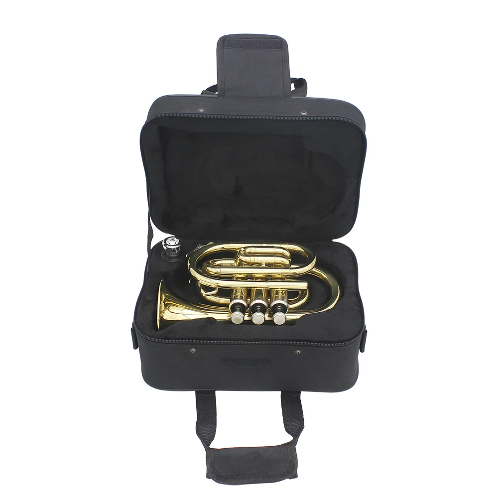 ammoon Mini Pocket Trumpet Bb Flat Brass Wind Instrument with Mouthpiece Gloves Cleaning Cloth Carrying Case