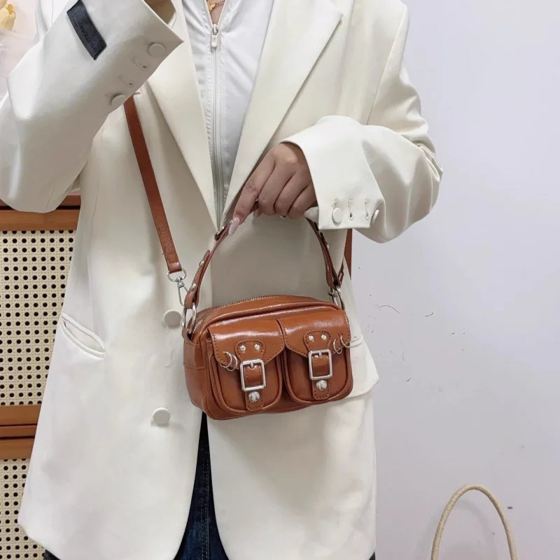 Women's Vintage Soft Leather Crossbody Bag Small Camera Purse for Daily Use Fashion Shoulder Handbag