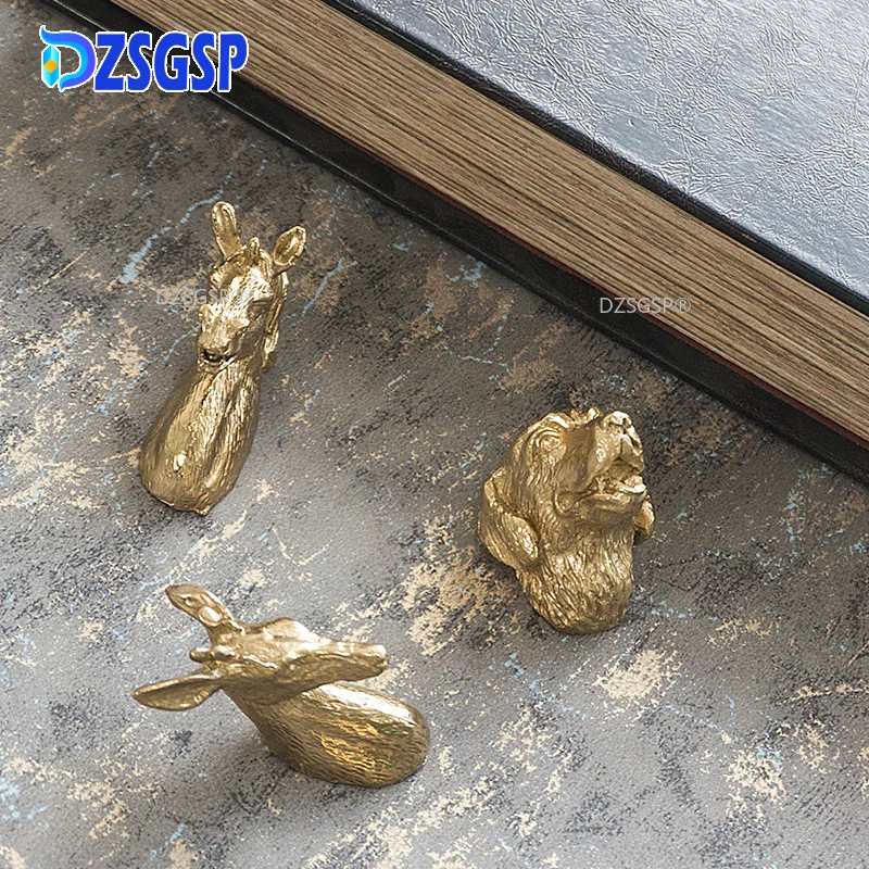 

DZSGSP Brass Animals Head Shaped Handles and Knobs Wall Hook Light Luxury Furniture Hardware Cabinet Handle Drawer Pulls Decor