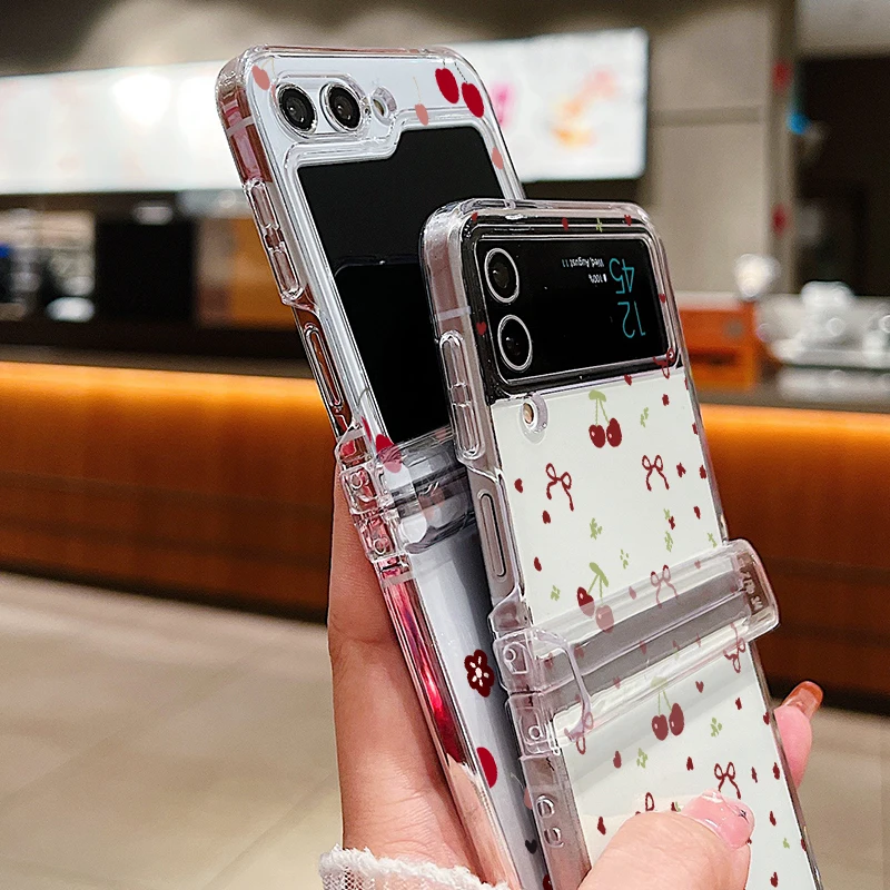 Clear Folding Phone Case with Cute Cherry Pattern - Durable PC Hard Cover