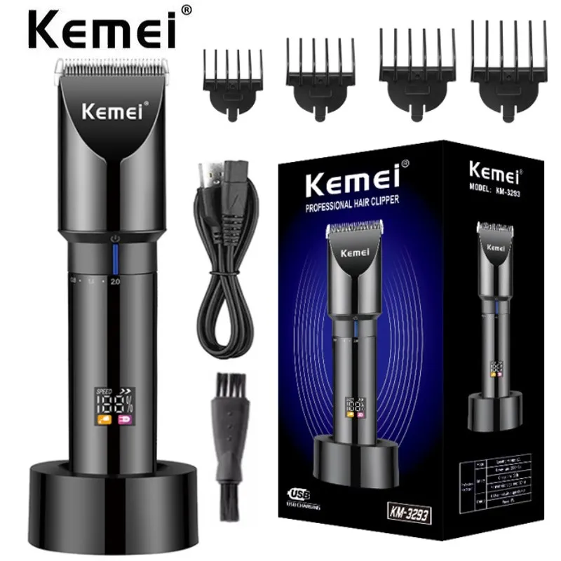 

Профессиональный беспроводной триммер для волос Kemei 3293, регулируемая машинка для стрижки волос, электрическая перезаряжаемая машинка для стрижки волос с основанием