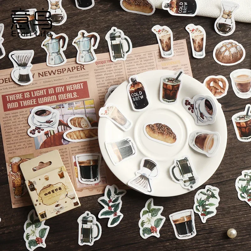 Autocollants thème café vintage, 46 pièces, stickers pour décoration, licence, étui de téléphone, scrapbooking, journaux