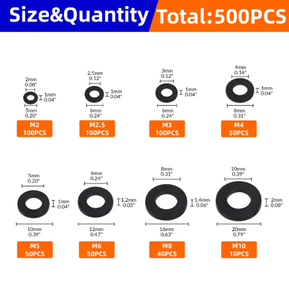 500PCS 8 Sizes M2-M10 Black Nylon Flat Washers Assortment kit M2 M2.5 M3 M4 M5 M6 M8 M10 Plane Spacer Insulation Gasket Ring nylon washers