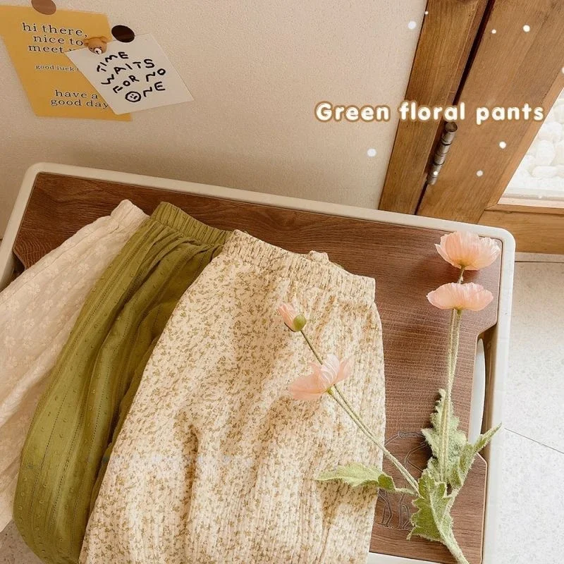 한국 꽃 녹색 순면 레이스 통기성 모기 퇴치 바지,  여아 느슨한 바지, 용수철 여름, 1-5 세