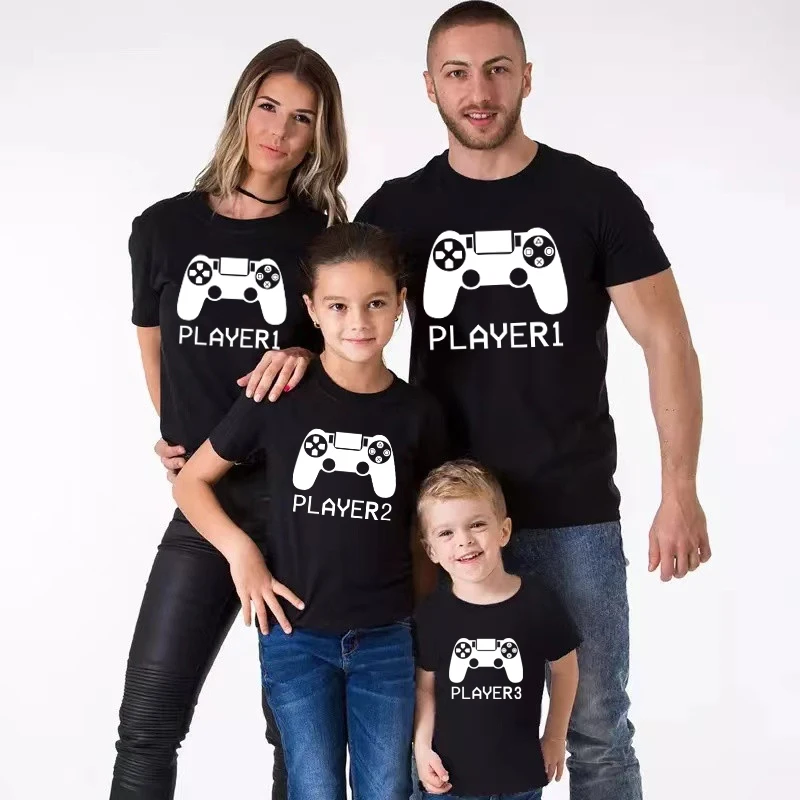 Player 1/2/3/4 Funny Father Daughter Son Family Look Shirt Cotton Short Sleeve Tee For Daddy Baby Romper Family Matching Clothes 2