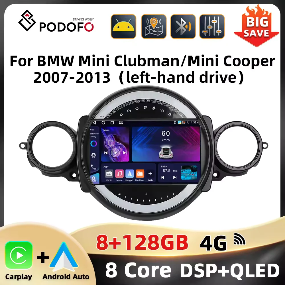 Podofo 2Din 8 + 128G Radio de coche para BMW Mini Clubman/Mini Cooper 2007-2013 navegación WIFI Carplay Android Auto RDS AI voz DSP FM 1