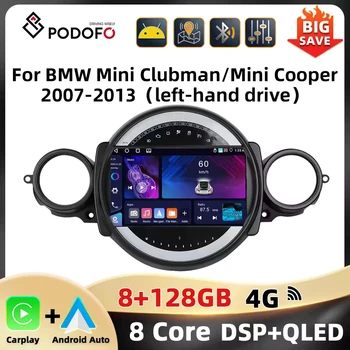 Podofo 2Din 8 + 128G Radio de coche para BMW Mini Clubman/Mini Cooper 2007-2013 navegación WIFI Carplay Android Auto RDS AI voz DSP FM 1