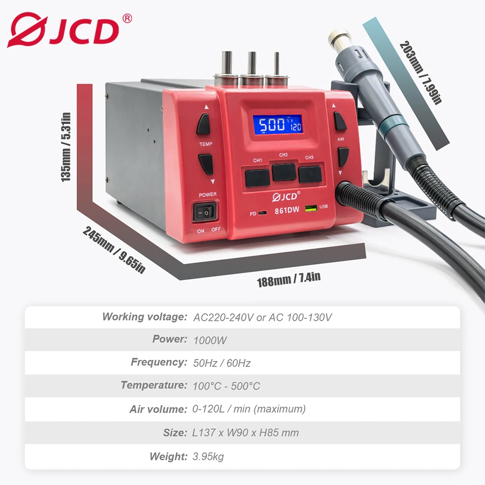 JCD 861DW Hot Air Gun 1000W High Power Soldering Rework Station With 3 Nozzles For Mobile Phone Motherboard PCB BGA Repair Tools